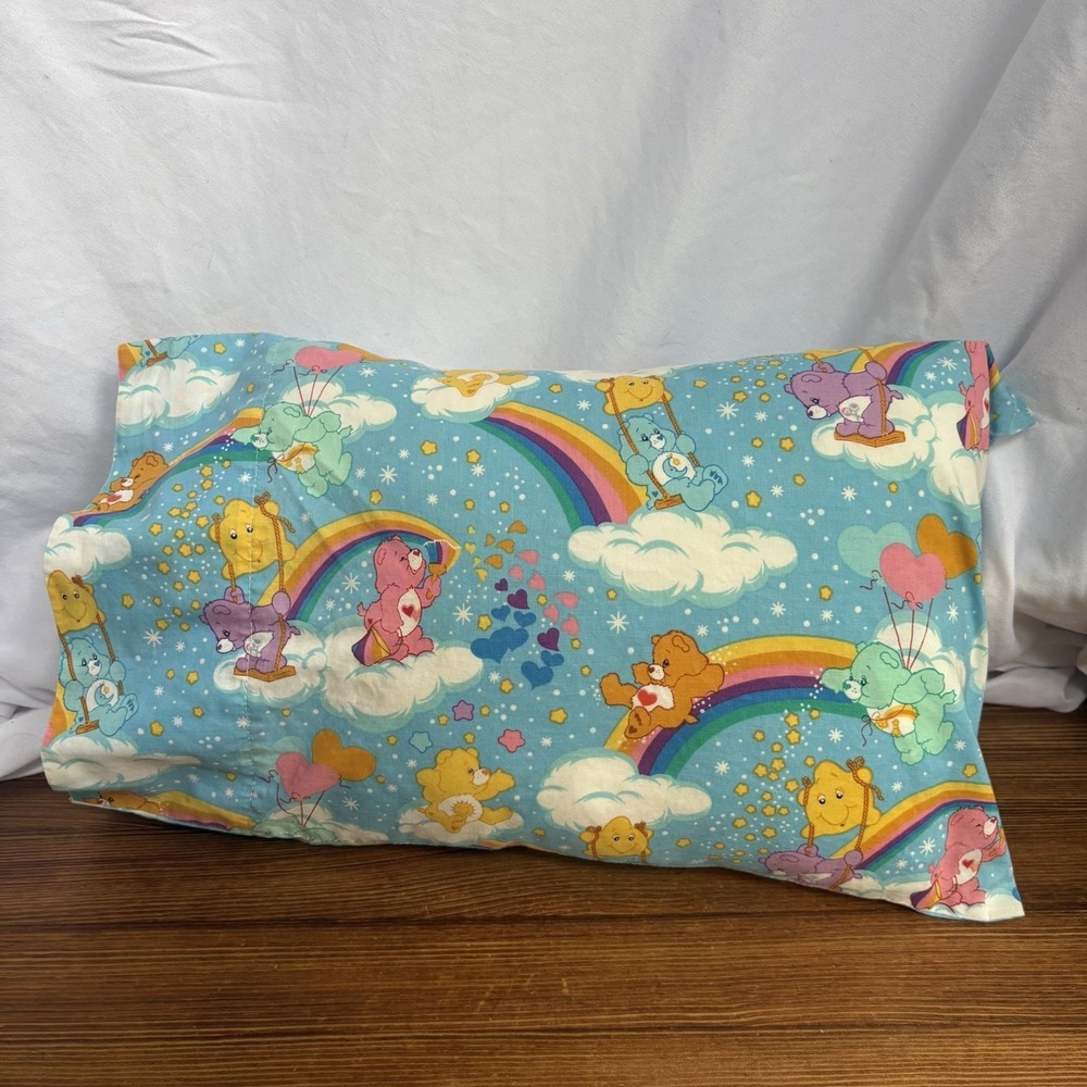 Handmade Care Bears Pillowcase Rainbow Clouds Hearts Blue 17x11 Kids Bedding